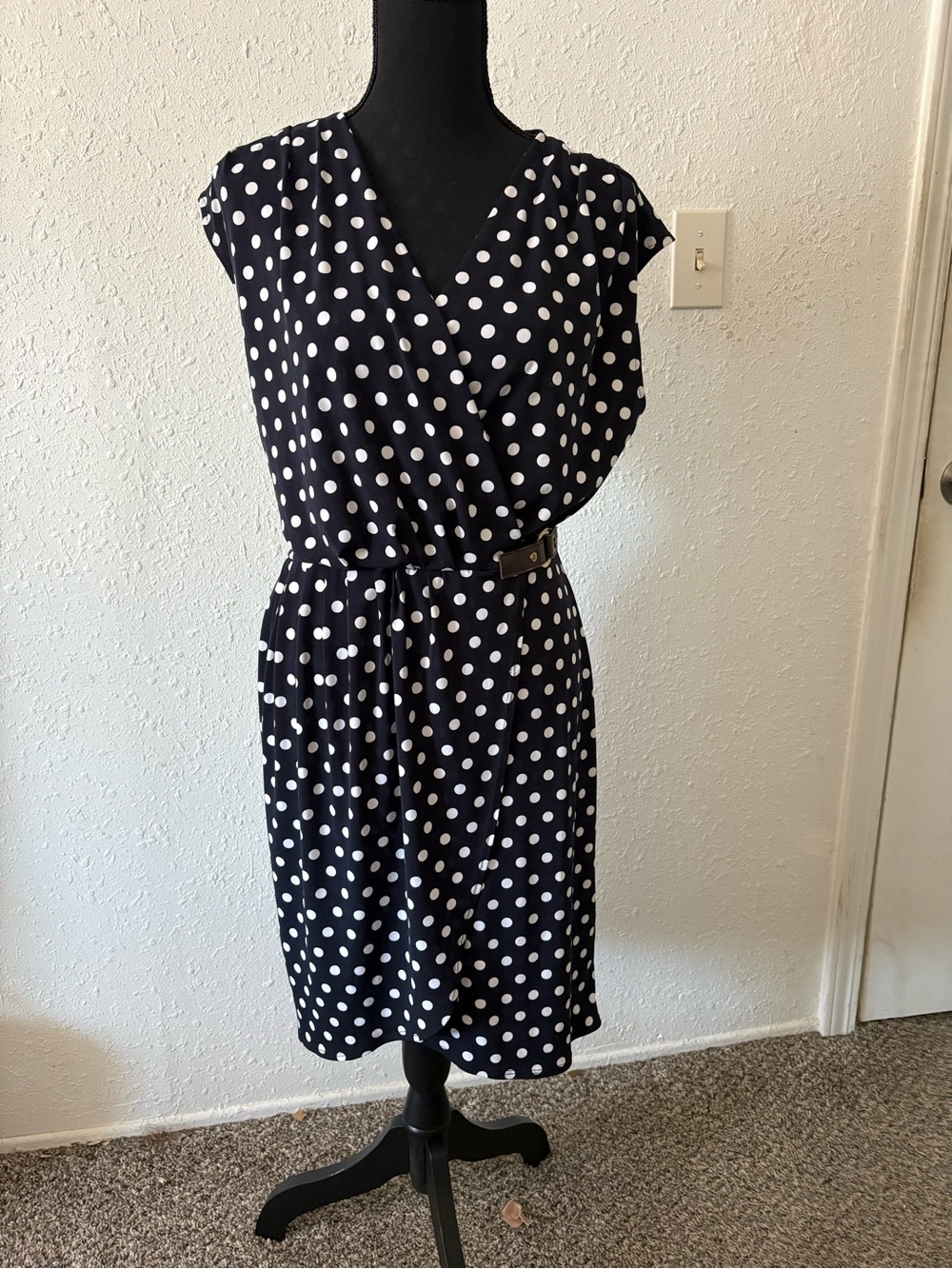 Michael Kors Navy and White Polka Dot Wrap-Style Midi Dress